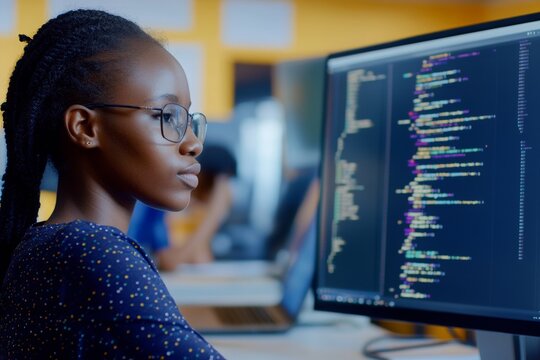 Afro American woman coding on computer. Ai generative art