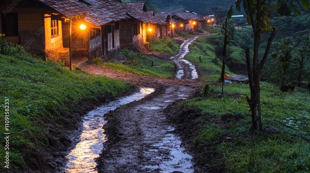 Poster a muddy road leading up to a row of houses, with potential for use in landscape or architecture imag