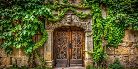 An Enigmatic Ancient Stone Door Enveloped in Vines with Faded Inscriptions, Capturing the Mystique of Time and Nature's Embrace in Macro Photography