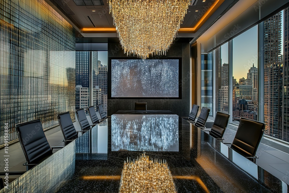Poster a large room with a chandelier and a large screen
