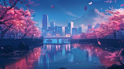 Obraz premium A serene cityscape at night with cherry blossoms, a river reflecting city lights, and a prominent illuminated tower in the background.