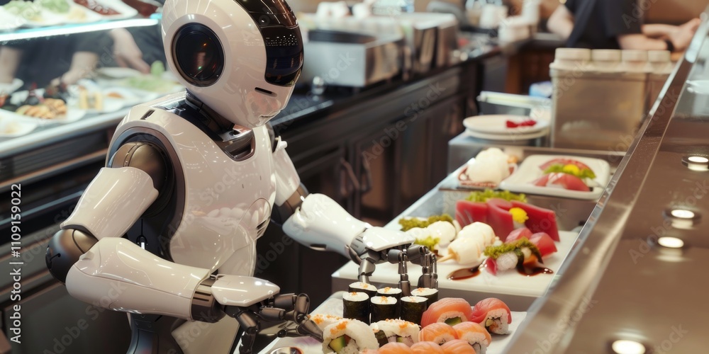 Poster a robot standing at a counter with a digital display