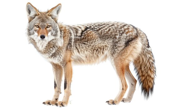 A coyote stands in snowy terrain looking directly at the camera - Powered by Adobe