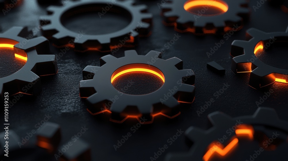 Poster abstract 3d render of interlocking gears with glowing elements