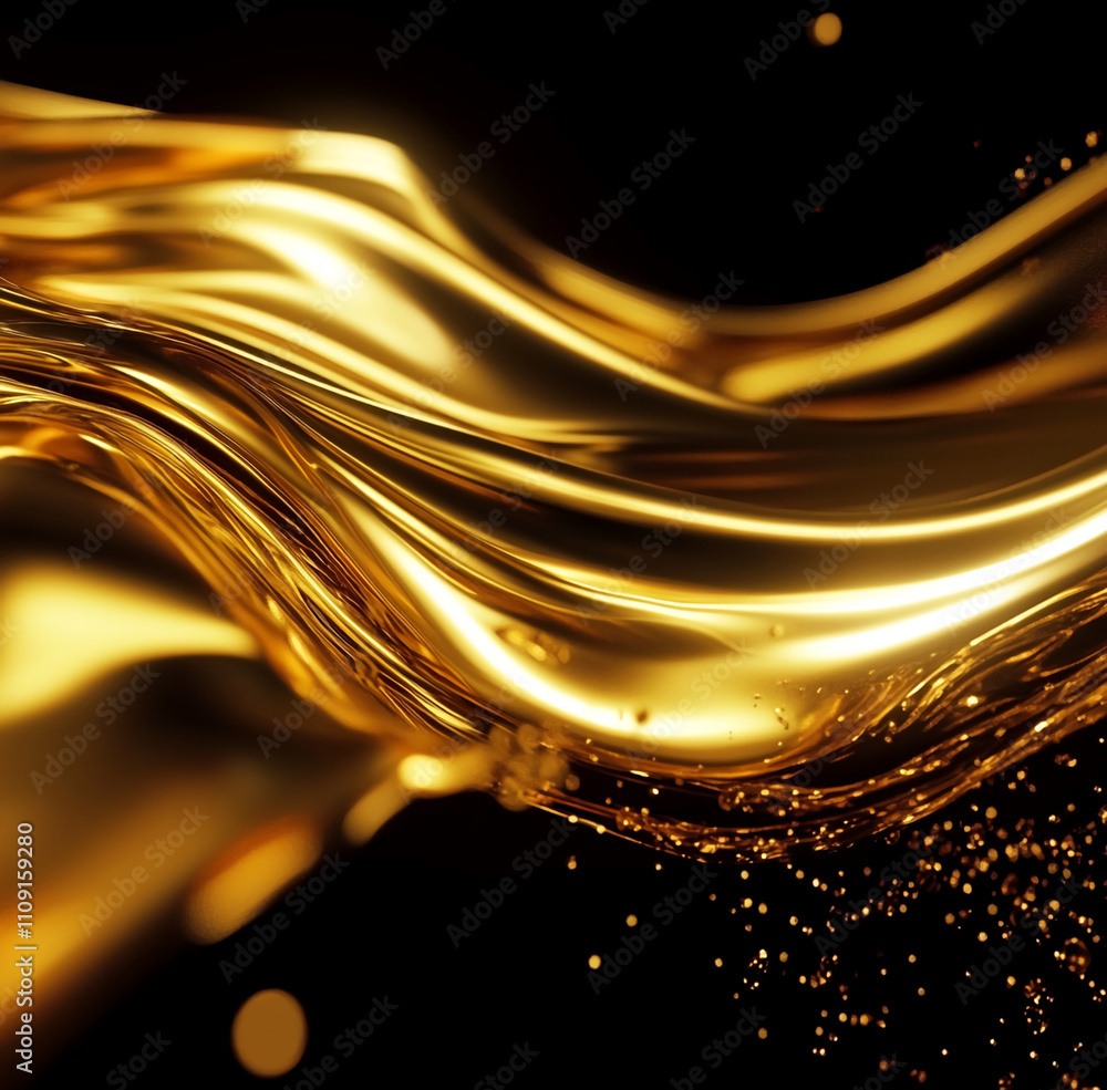 Poster shimmering golden waves flowing gracefully with sparkling accents in a dark background