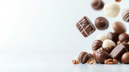 Indulge in flying chocolate pralines with walnuts on a light background, a sweet scene exuding luxury and temptation