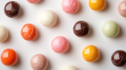 Obraz premium Vibrant and tempting visual of colorful round candies arranged on a white background