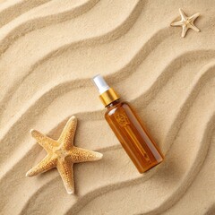 Amber-Colored Sunscreen Bottle with Starfish on Beige Sand