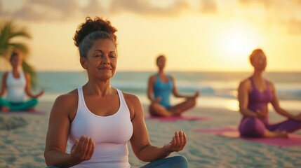 Sunset beach yoga: diverse women promoting relaxation and mindfulness for wellness in a tropical setting. Enjoying the tranquility of the ocean view and golden light