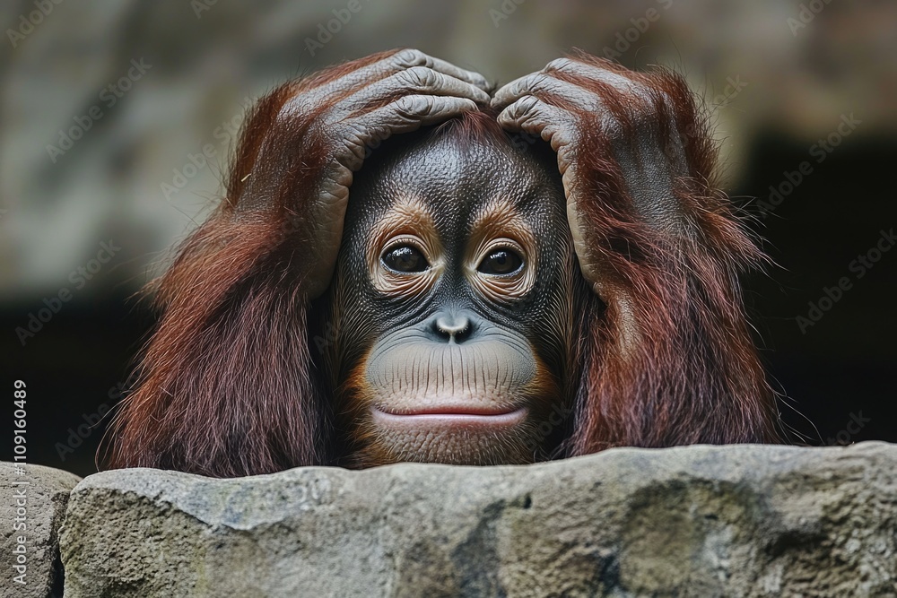 Poster a close-up view of a curious monkey sitting on a rocky outcropping