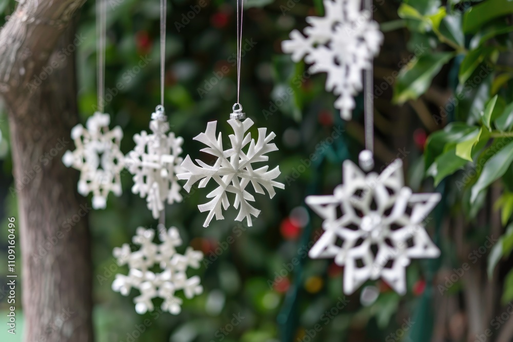 Poster a bunch of snowflakes hang from a tree branch during winter