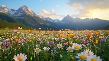 Obraz premium Vibrant wildflowers bloom in a mountain meadow at sunset.