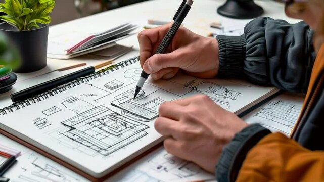 A person sketching architectural designs in a notebook with various papers scattered around.