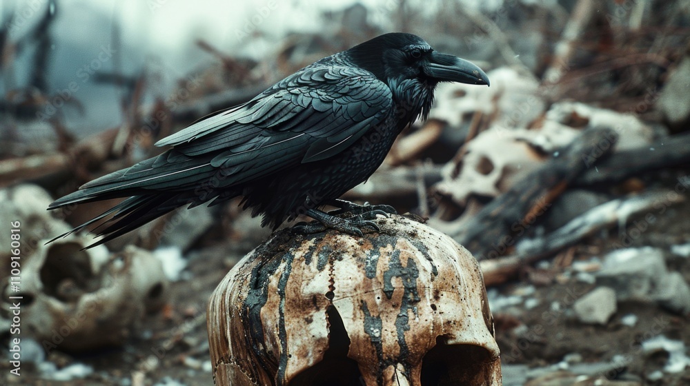 Poster a black bird sits atop a skull in a mysterious setting