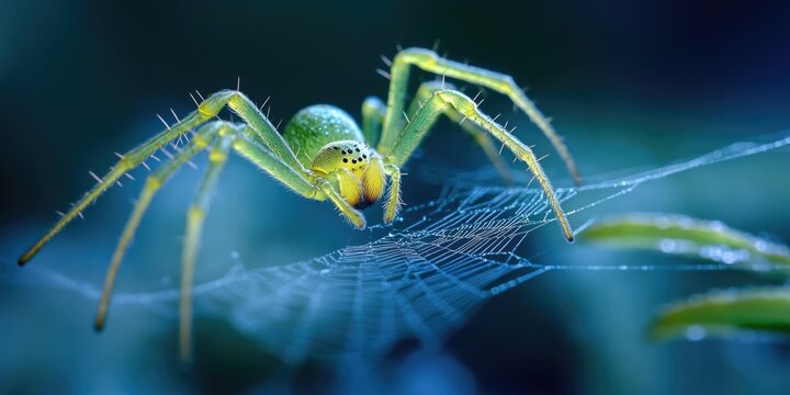 A close-up shot of a spider resting on its intricate web, perfect for illustrations or designs about nature, insects, and the outdoors