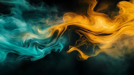 A dynamic swirl of vibrant golden yellow and turquoise hues blending seamlessly with a misty texture, evoking a sense of energy and depth, set against a smoky black.