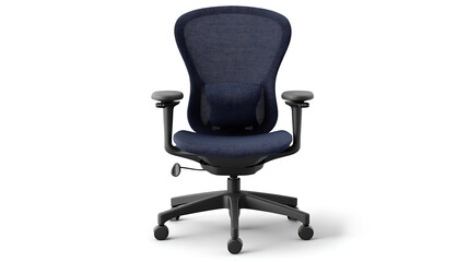 A blue office chair with black wheels