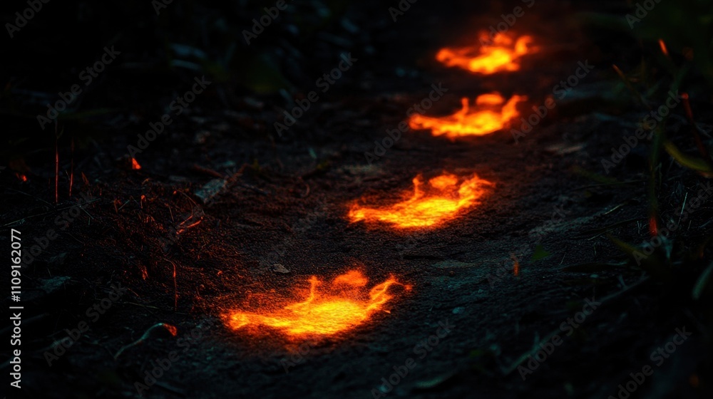 Poster fiery footprints light up a shadowy path, creating a dramatic image of power, progress, and an inten