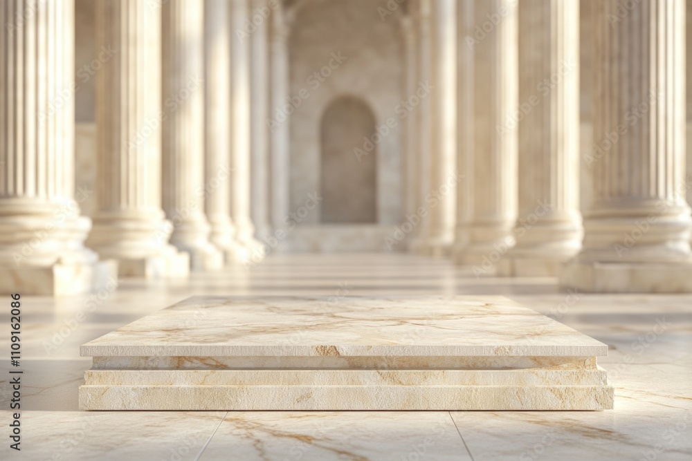 Poster A marble platform in front of a row of columns, suitable for use as a background or prop