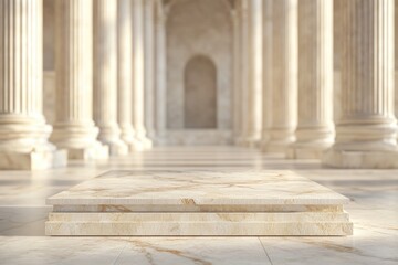 A marble platform in front of a row of columns, suitable for use as a background or prop