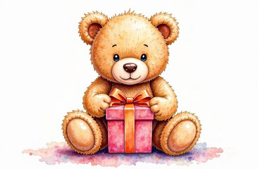Obraz premium Teddy bear with a gift box in its paws