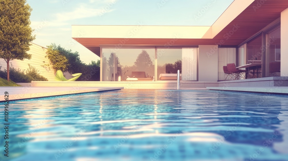 Poster a modern house surrounded by greenery with a swimming pool in the center