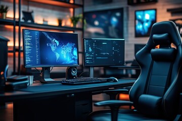 Naklejka premium A computer desk with two monitors and a black chair