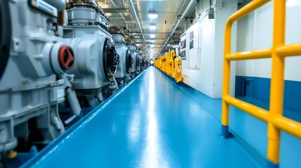 Blue engine room filled with machinery generating electricity in an industrial setting exudes energy and innovation, emphasizing power generation and technology