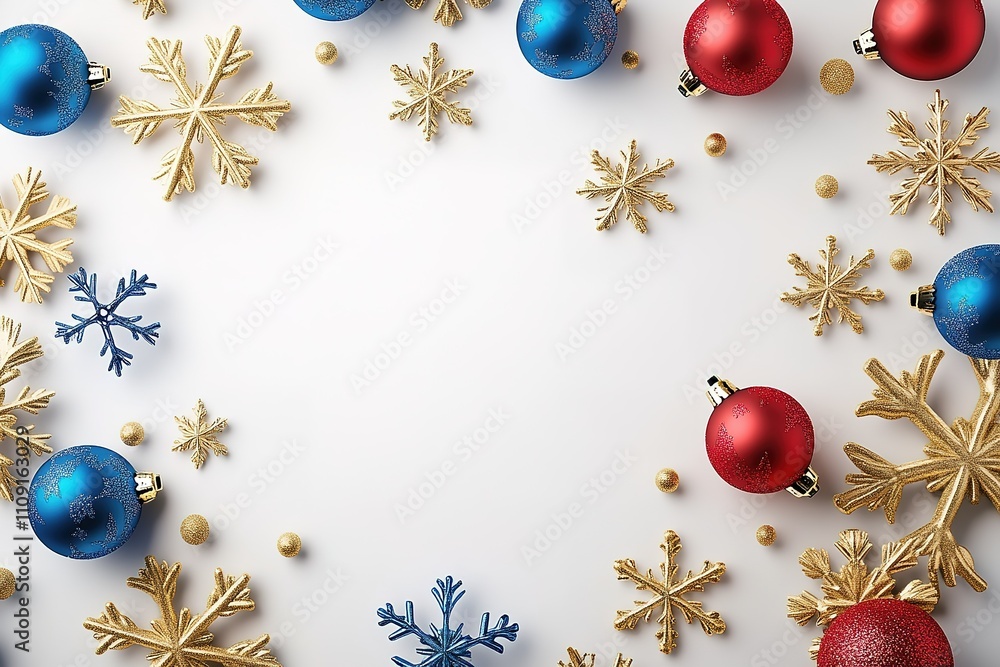 Poster a white background with a blue and red snowflake and a gold snowflake
