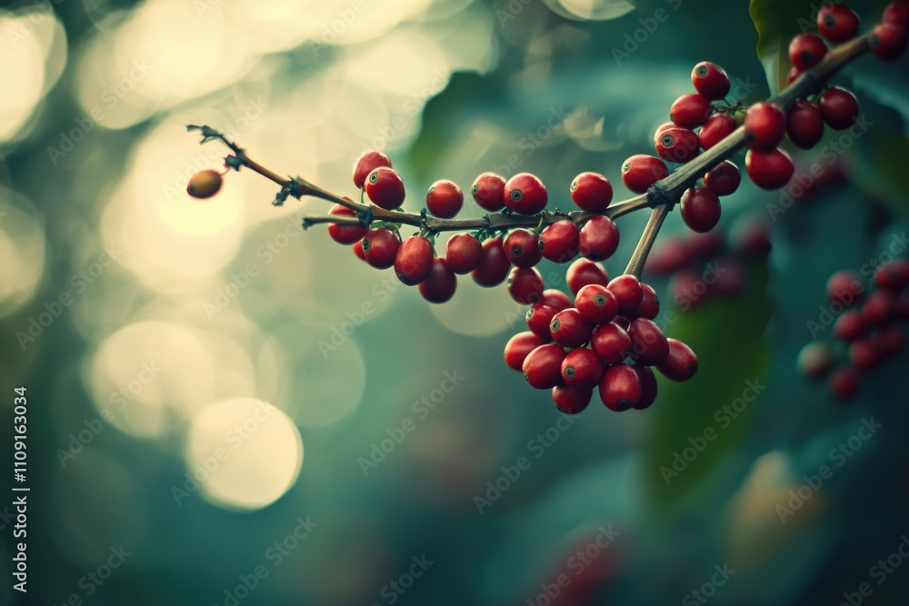 Poster fresh red berries hang from the branches of a deciduous tree