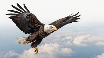 Obraz premium A spread-wing bald eagle soars in the sky. Isolated on white background. AI GENERATED