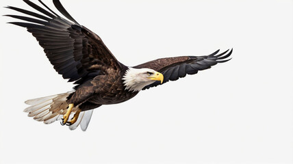 Fototapeta premium A spread-wing bald eagle soars in the sky. Isolated on white background. AI GENERATED