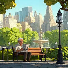 Charming Low Poly Visualization of an Elderly Man Enjoying the Calmness of His Surroundings in a Beautiful Urban Garden Setting