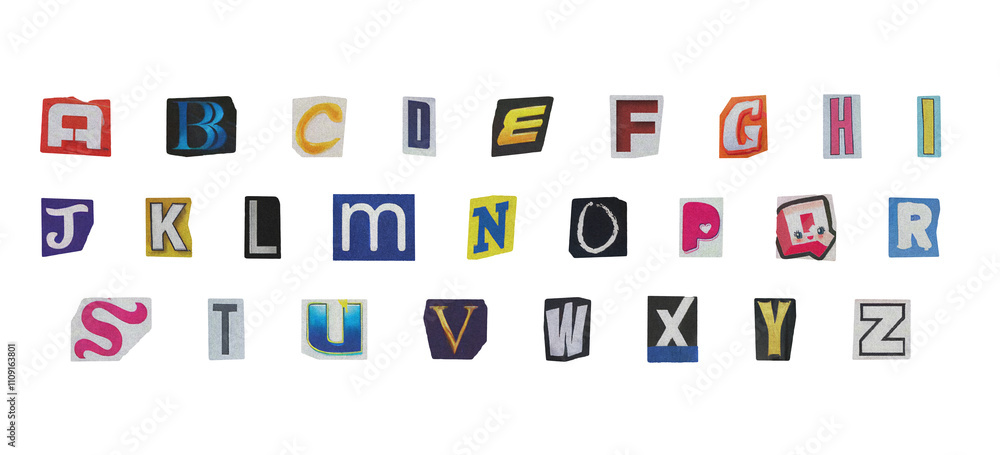 Fototapete isolated ransom letter pack with cutout y2k style english alphabet, retro style colorful png letters