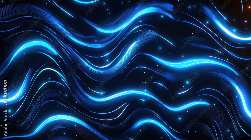 Poster flowing blue glowing lines on a dark blue surface create a futuristic and dynamic wave pattern, suit