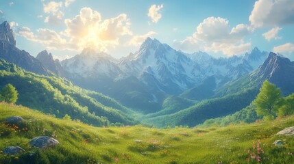 Fototapeta premium Serene Mountain Landscape Under a Sunny Sky with Vibrant Greens