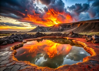 Fototapeta premium Captivating Portrait of a Vibrant Mirror Lava Lake Chamber Reflecting Fiery Colors and Unique Textures, Showcasing Nature's Raw Beauty and Geological Wonders in a Stunning Display