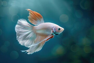Fototapeta premium A white fish with vibrant orange fins swimming in calm water, suitable for aquatic or nature-inspired designs