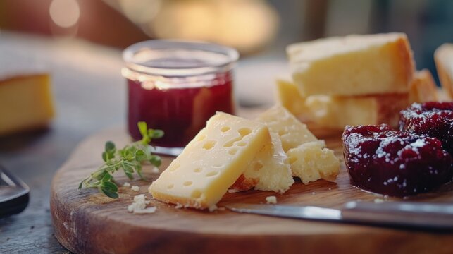 A wooden cutting board featuring cheese and fresh fruit, perfect for a snack or appetizer