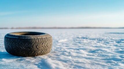 Tired tire contrasting with the tranquil snowy lake landscape