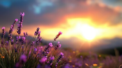 Vibrant Lavender Field Under a Colorful Sunset Sky