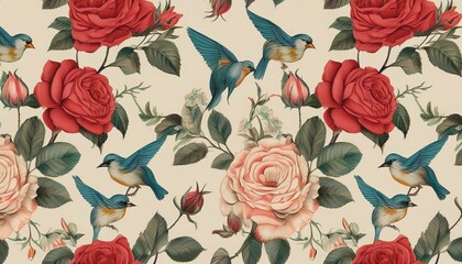 seamless pattern with roses and birds botanical illustration