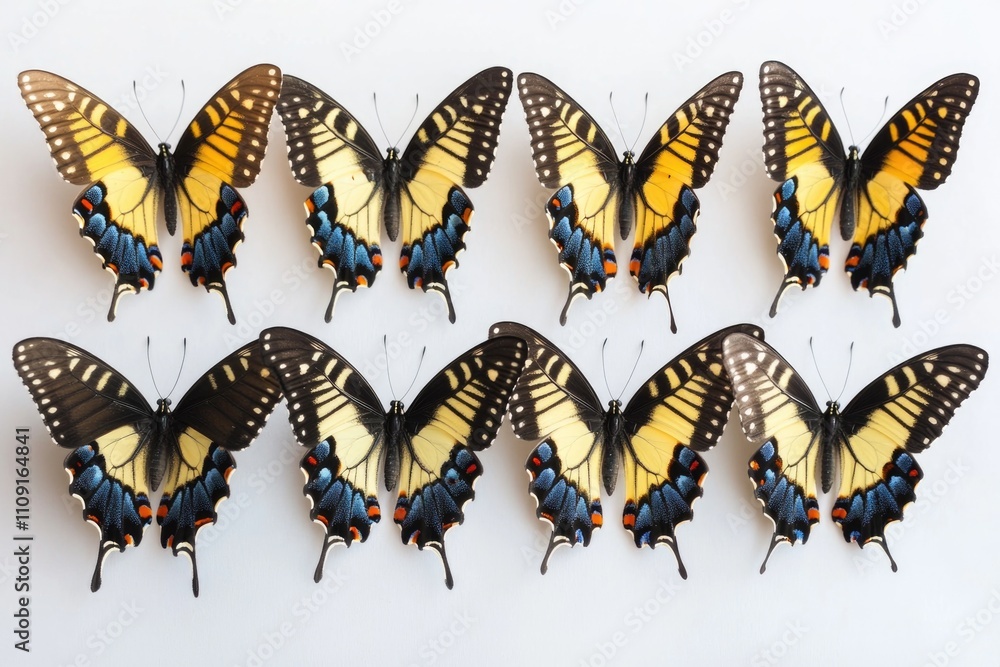 Poster a cluster of colorful butterflies perched on a clean white surface, ready to take flight