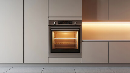 Modern beige oven with warm golden hour glow, showcasing sleek design and functionality in contemporary kitchen setting