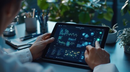A doctor reviewing a patients digital health record on a tablet secured by blockchain technology,