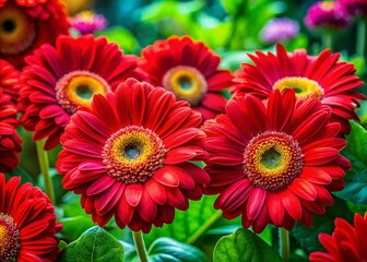 Cheerful Red Flowers with Smiling Faces on a Vibrant Background - Macro Photography Capturing the Joy of Nature's Beauty in Stunning Detail and Vivid Colors