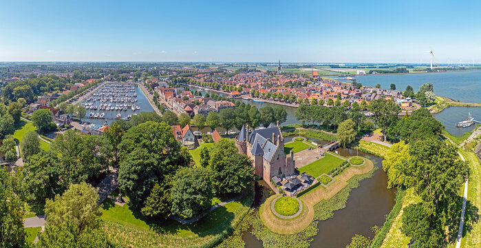 Aerial panorama from the historical city Medemblik with the Radboud castle in the Netherlands