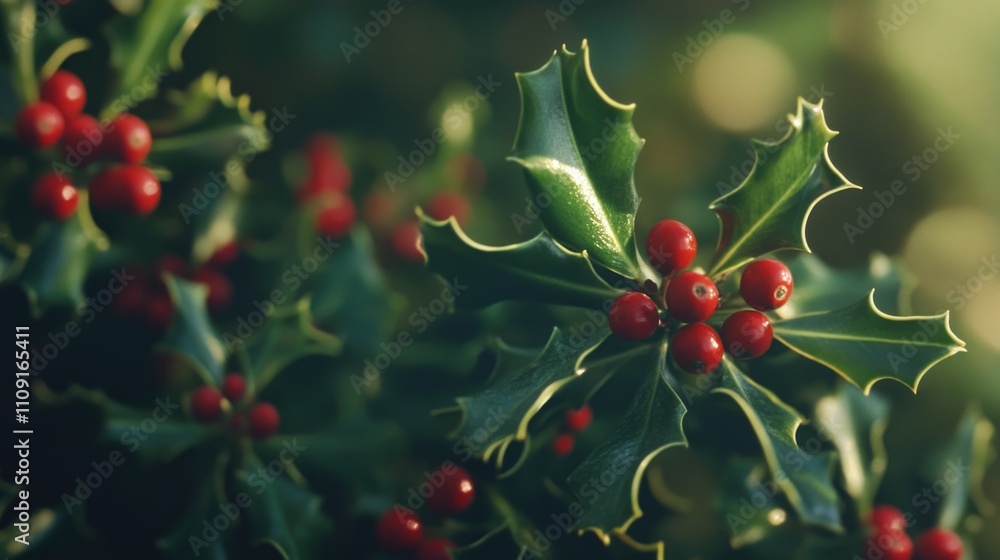 Poster a close-up view of a plant with bright red berries, suitable for use in still life or nature photogr
