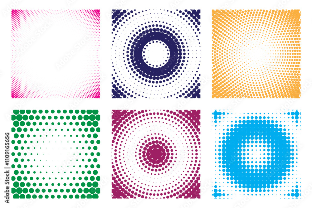Poster collection of six vibrant halftone background patterns in various colors
