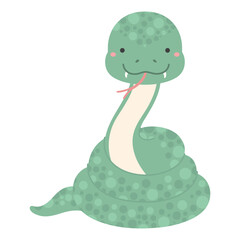 2025 Chinese zodiac sign, cute snake flat character illustration. Hand drawn cartoon vector illustration, isolated on white. Lunar New Year kawaii holiday card, banner design element